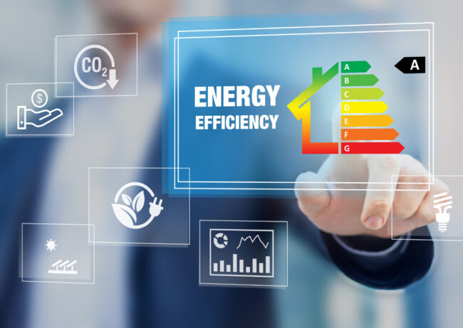 Energy Efficiency Rating And Eco Home Renovation Insulation Performance, Low Consumption Ecological House, Sustainable Development Concept With Expert Touching Icon On Screen Energy Efficiency Rating And Eco Home Renovation Insulation Performance, Low Consumption Ecological House, Sustainable Development Concept With Expert Touching Icon On Screen